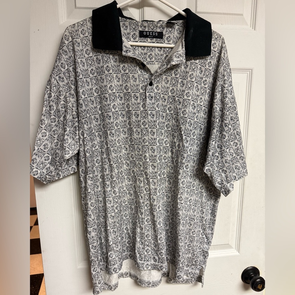 GUESS Vintage Men's Black and White Patterned Short Sleeve Polo Golf Shirt XL
